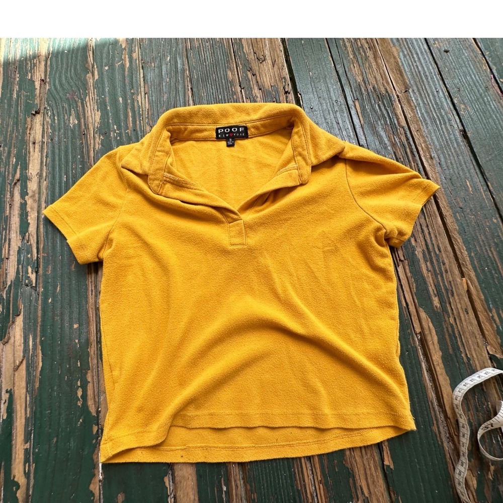 Poof New York Mustard Yellow Short Sleeve Polo Shirt V-Neck Knit Top Small